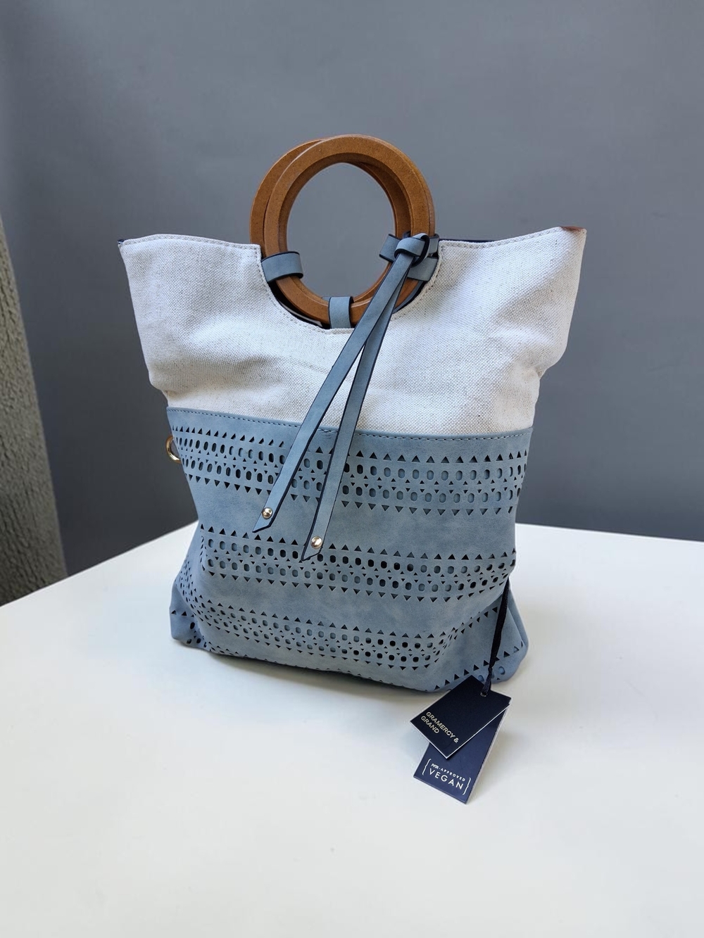 Blue & White Vegan SmallTote Bag with Wooden Ring Handles Gramercy & Grand